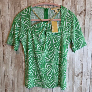 Women's Michael Kors Palm leafs print Blouse Size M Green & White
